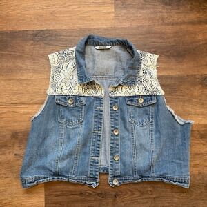 VINTAGE Highway Jeans 2X Denim Vest with Lace Sleeveless Jean Jacket Plus Size